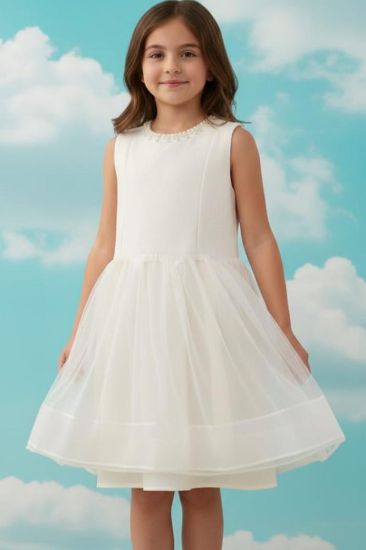 صورة فستان بيج نفاش أنيق مع الؤلؤ على العنق